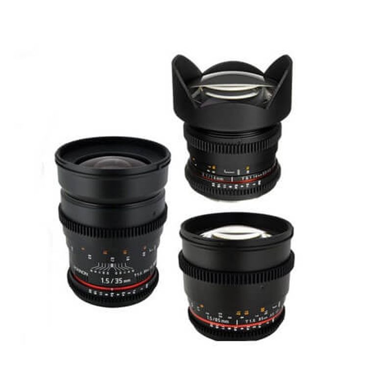 Kit-com-3-Lentes-Rokinon-Full-frame-35mm-T1.5---14mm-T3.1---85mm-T1.5-para-Sony-E-mount