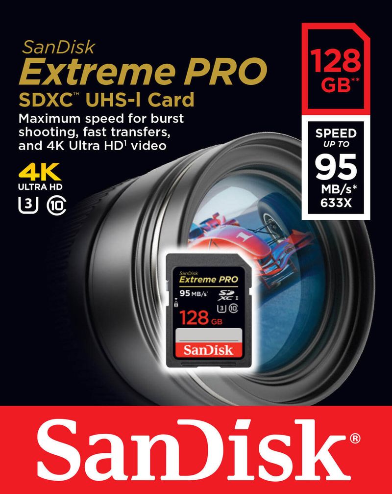 Cartao-SDXC-128Gb-SanDisk-Extreme-Pro-4K-Classe-10-de-95Mb-s