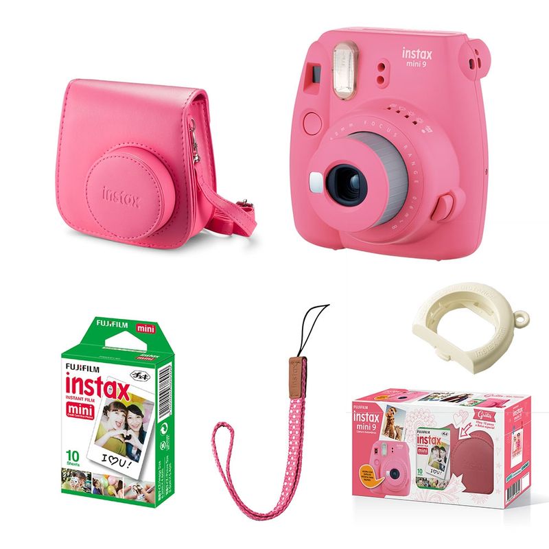 Kit-Camera-Instantanea-Fujifilm-Instax-Mini-9-Rosa-Flamingo-com-Bolsa-e-Filme-Instantaneo-para-10-Fotos