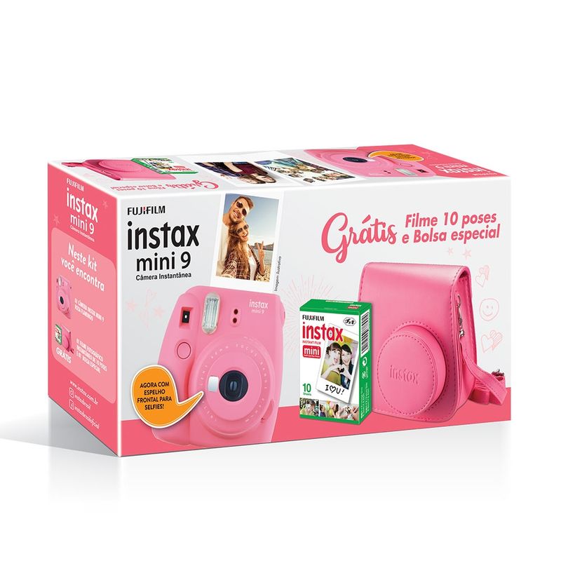 Kit-Camera-Instantanea-Fujifilm-Instax-Mini-9-Rosa-Flamingo-com-Bolsa-e-Filme-Instantaneo-para-10-Fotos