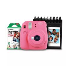 Kit Câmera Instantânea Instax Mini 9 Fujifilm com Porta Fotos e Filme 10 Poses - Rosa Flamingo