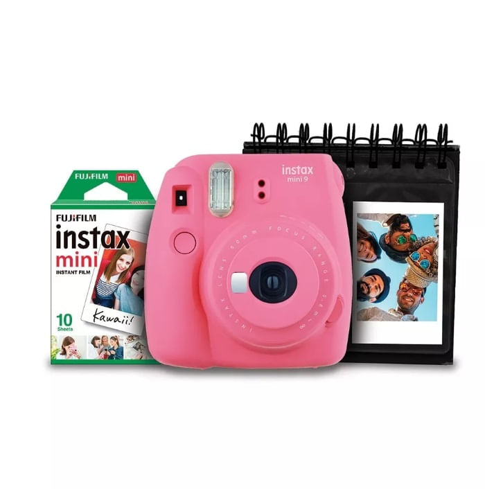 Kit-Camera-Instantanea-Instax-Mini-9-Fujifilm-com-Porta-Fotos-e-Filme-10-Poses---Rosa-Flamingo