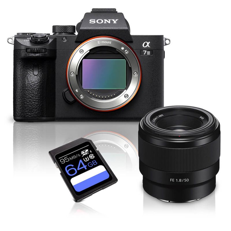 Kit-Camera-Sony-a7III-Mirrorless---Lente-Sony-FE-50mm-f-1.8-Full-Frame---Cartao-SDXC-64Gb-de-95Mb-s