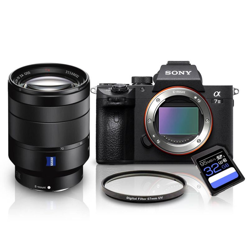 Kit-Sony-a7III-Mirrorless---Lente-Sony-FE-24-70mm-T----Filtro-UV-67mm---Cartao-SDXC-32Gb-de-95Mb-s