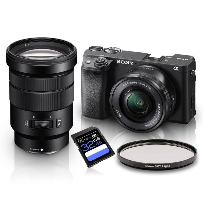 Kit-Sony-a6400-Mirrorless-4K---Lente-Sony-E-16-50mm-f-3.5-5.6-OSS-e-Lente-Sony-E-PZ-18-105mm-f-4-G-OSS--SELP18105G----Filtro-SkyLight-72mm---Cartao-SDXC-32Gb-de-95Mb-s