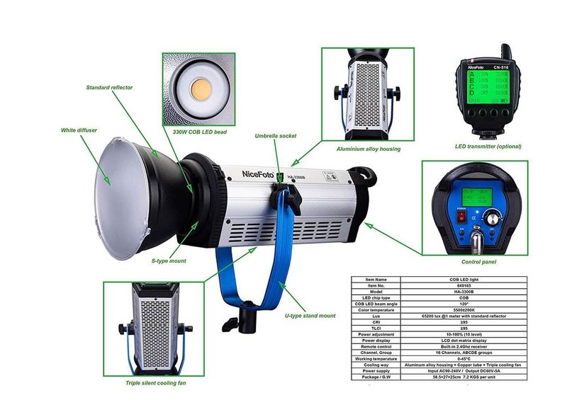 Refletor-Led-de-Luz-Continua-COB-NiceFoto-HA-3300b-de-330W-Video-Light-5500K-com-Controle-Remoto--Bivolt-