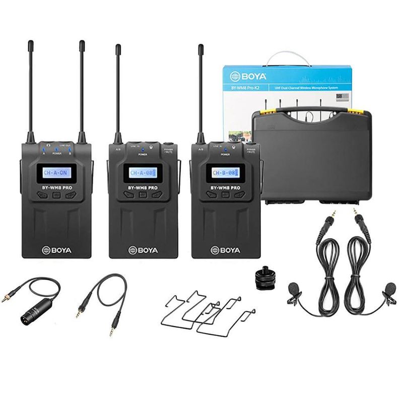 Sistema-Microfone-Lapela-Sem-Fio-Boya-BY-WM8-Pro-K2-Wireless-de-Dois-Canais-UHF