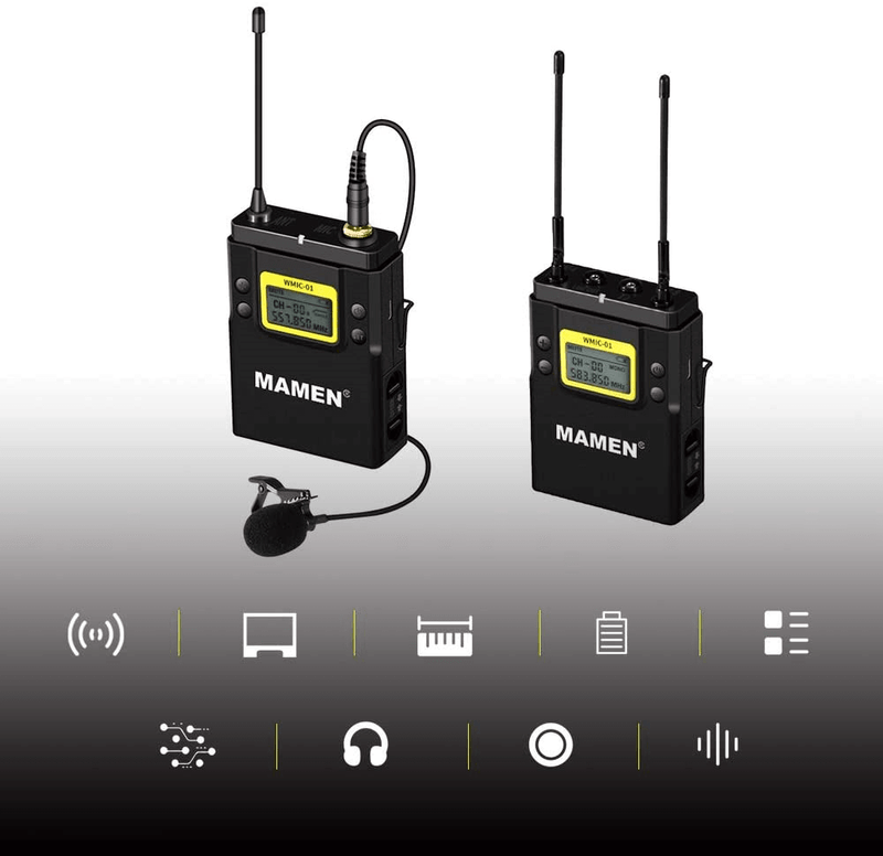 Sistema Wireless Microfone Lapela Mamen WMIC-01 Duplo Canal UHF com Transmissor e Receptor P2