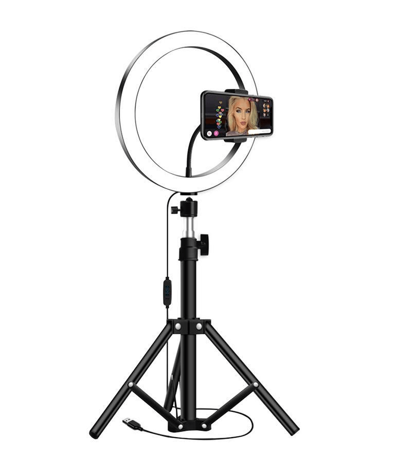 Iluminador-Led-Circular-10--Ring-Light-Live-26cm-USB-com-Tripe-e-Suporte-de-Celular