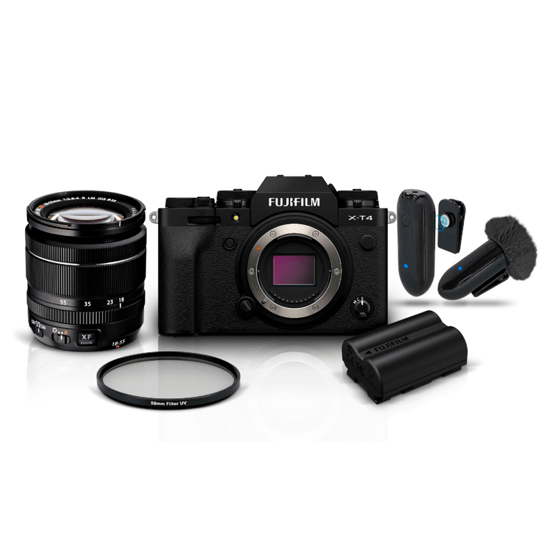 Kit-Video-FujiFilm-X-T4-4K-com-XF-18-55mm---Sistema-Lapela-Sem-Fio-LensGo-318C---Bateria-NP-W235-e-Filtro-UV-58mm