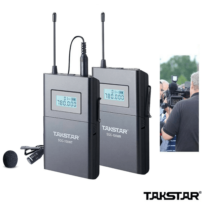 Sistema-Microfone-Lapela-Sem-Fio-Takstar-SGC-100W-Wireless-UHF-para-Cameras-e-Filmadoras