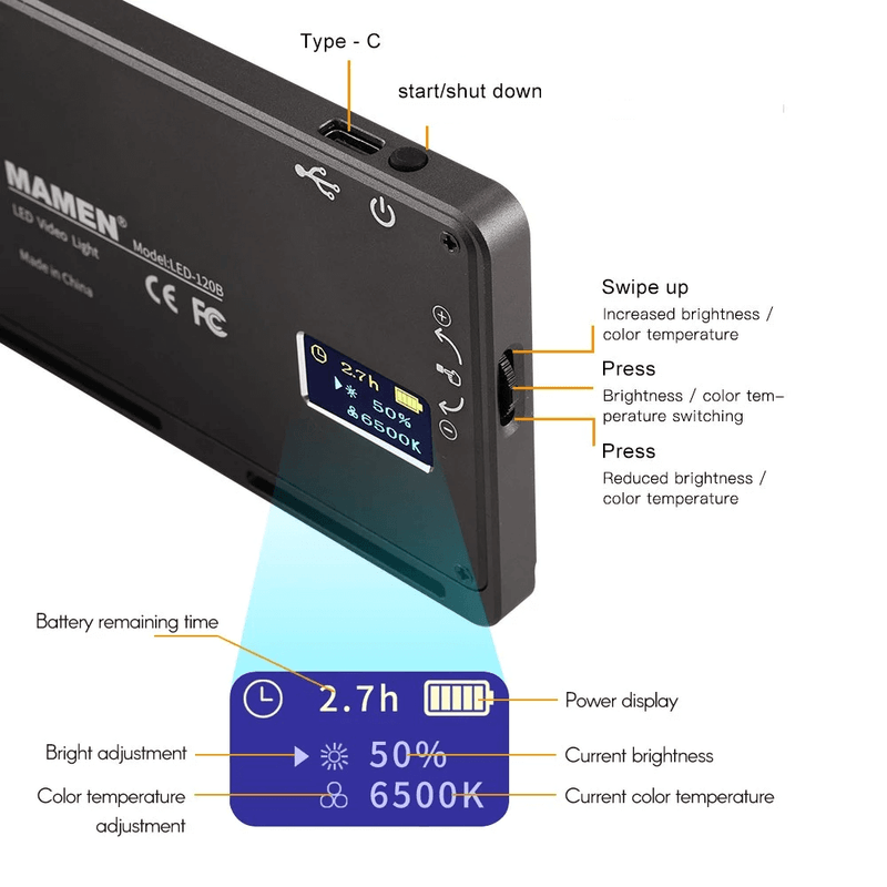 Iluminador-Led-Slim-LED-120B-Video-Fill-Light-Bi-Color-3000K-6500K-com-Bateria-Interna