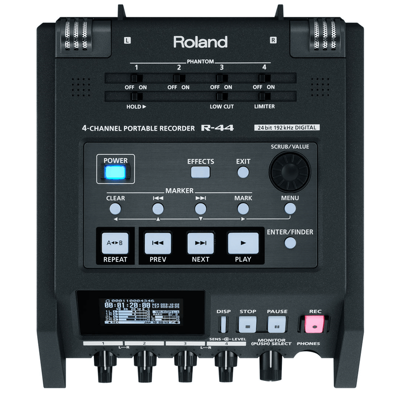 Gravador-Digital-de-Campo-Roland-R-44-Portatil-com-4-Canais-XLR-e-TRS