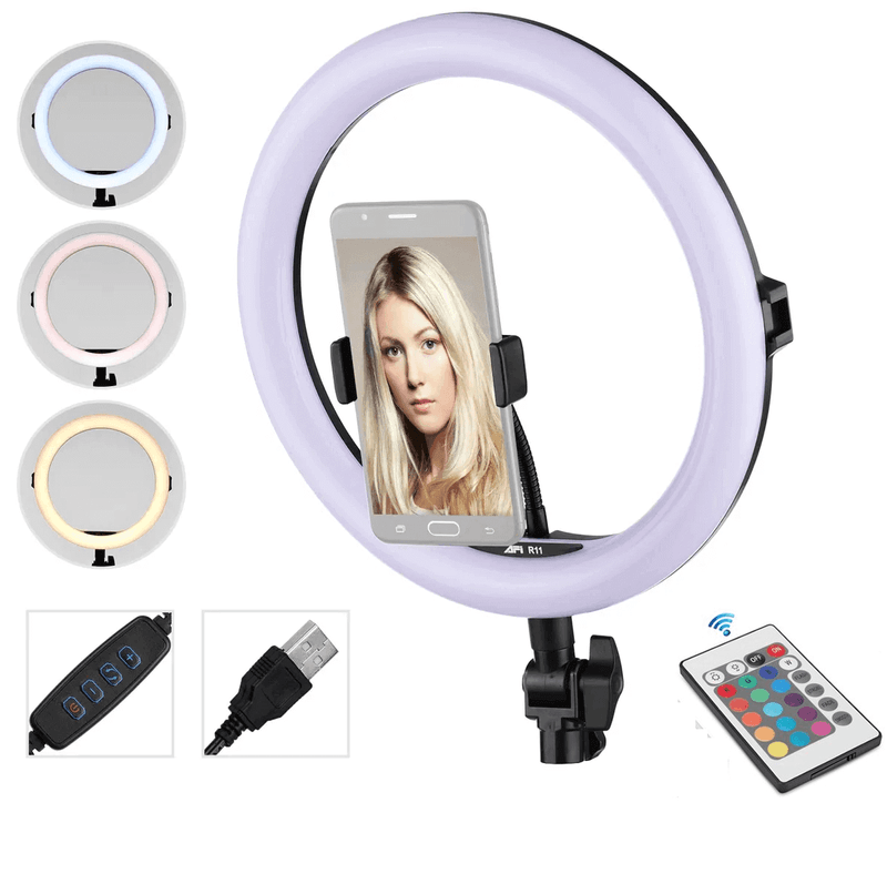 Iluminador-Led-Circular-AFI-R11-Ring-Light-28cm-Live-USB-com-Controle-Remoto-e-Suporte-de-Celular