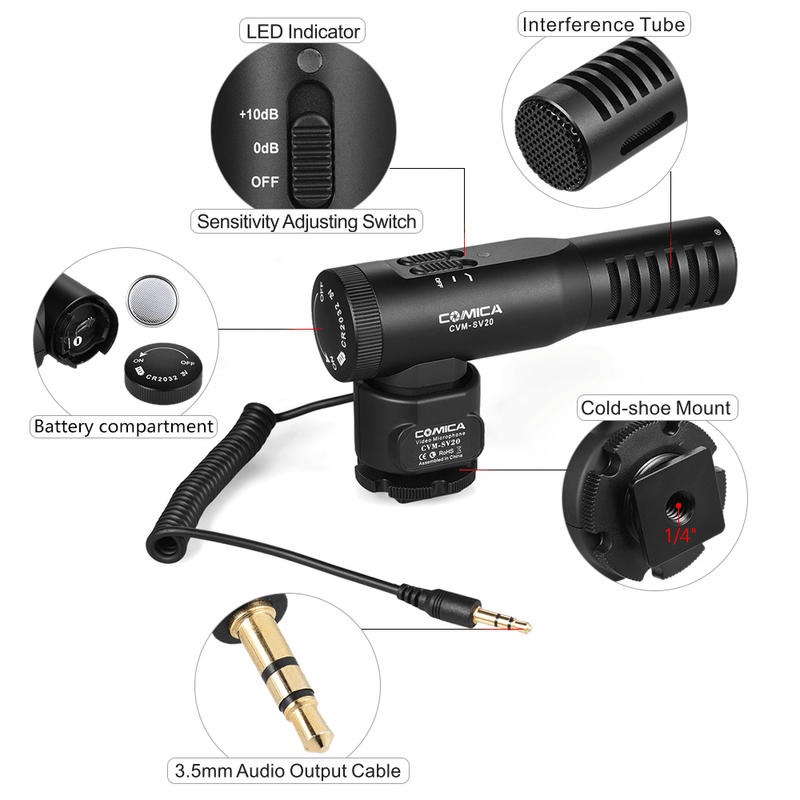 Microfone-Shotgun-Comica-Audio-CVM-V20-com-Montagem-em-Camera