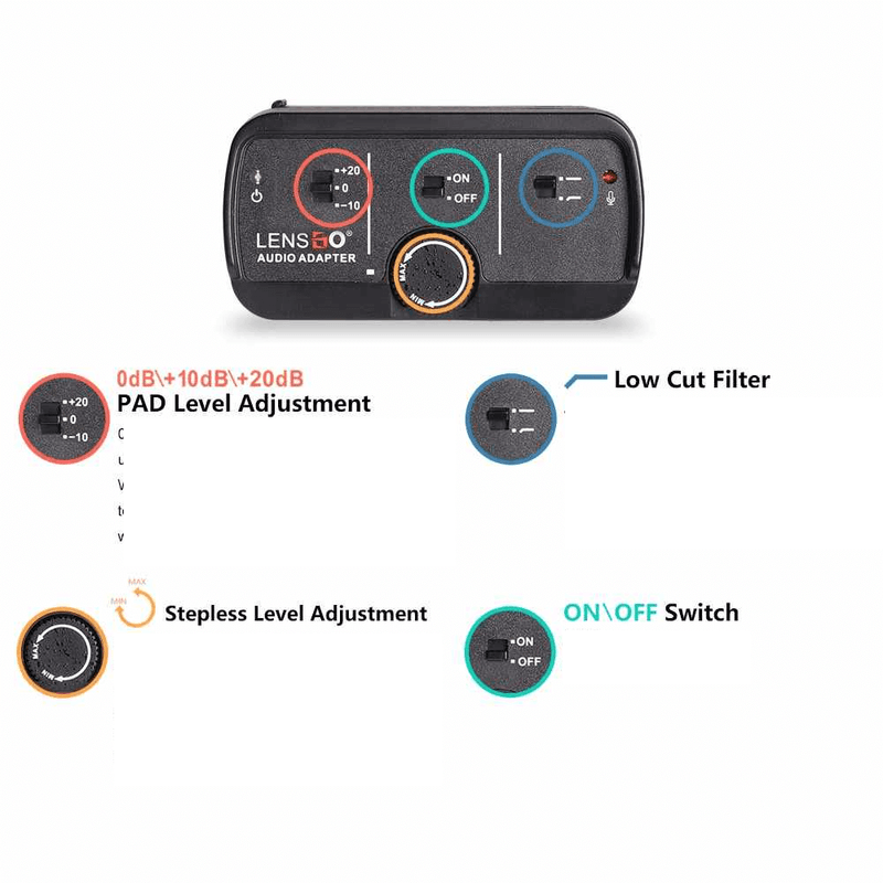 Adaptador-Audio-LensGo-D1L-de-Microfones-para-Cameras-e-Filmadoras-com-Regulador-de-Frequencia