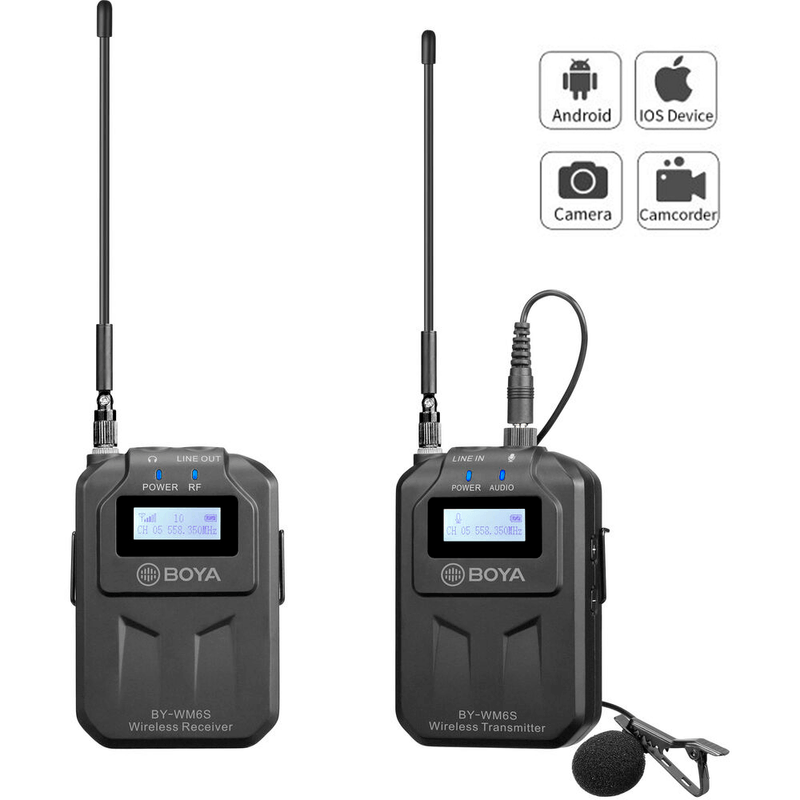 Sistema-Wireless-Boya-BY-WM6S-Microfone-de-Lapela-Sem-Fio-UHF-com-Montagem-em-Camera