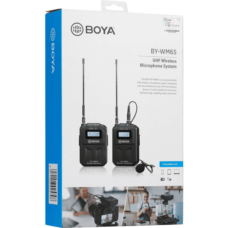 Sistema-Wireless-Boya-BY-WM6S-Microfone-de-Lapela-Sem-Fio-UHF-com-Montagem-em-Camera