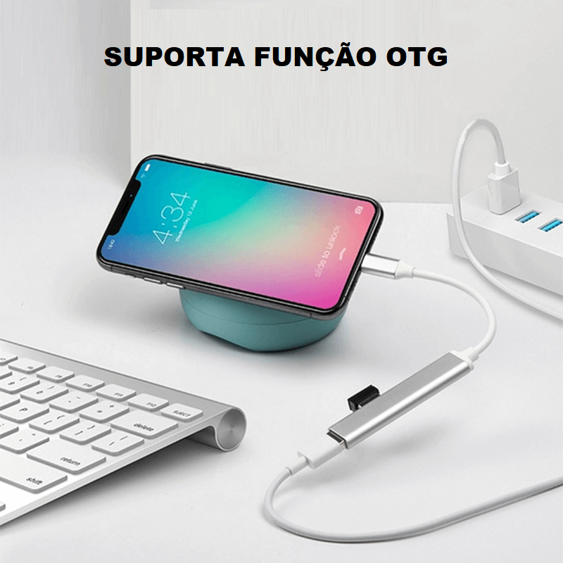 Hub-Adaptador-USB-C-OTG-com-4-Portas-3x-USB-2.0---1x-USB-3.0-de-Alta-Velocidade