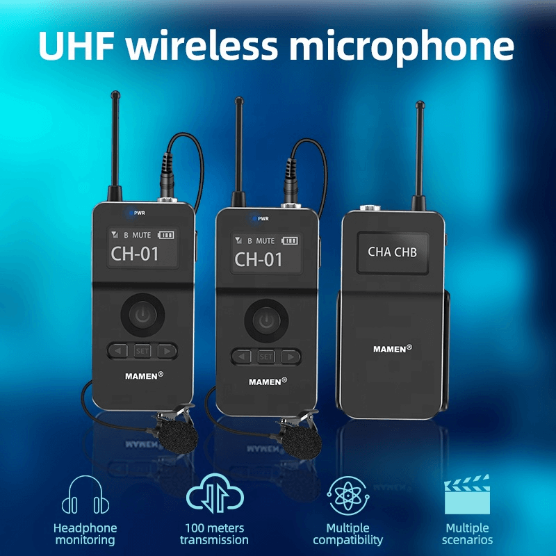 Sistema-de-Microfone-Lapela-Duplo-Sem-Fio-Mamen-WMIC-MATE2-UHF-com-Montagem-em-Cameras