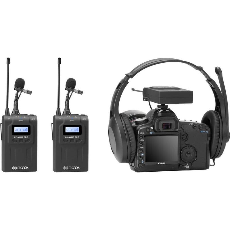 Sistema-Duplo-Microfone-Sem-Fio-Boya-BY-WM8-Pro-K2-UHF-Wireless-TRS-P2-e-XLR-para-Cameras-e-Filmadoras